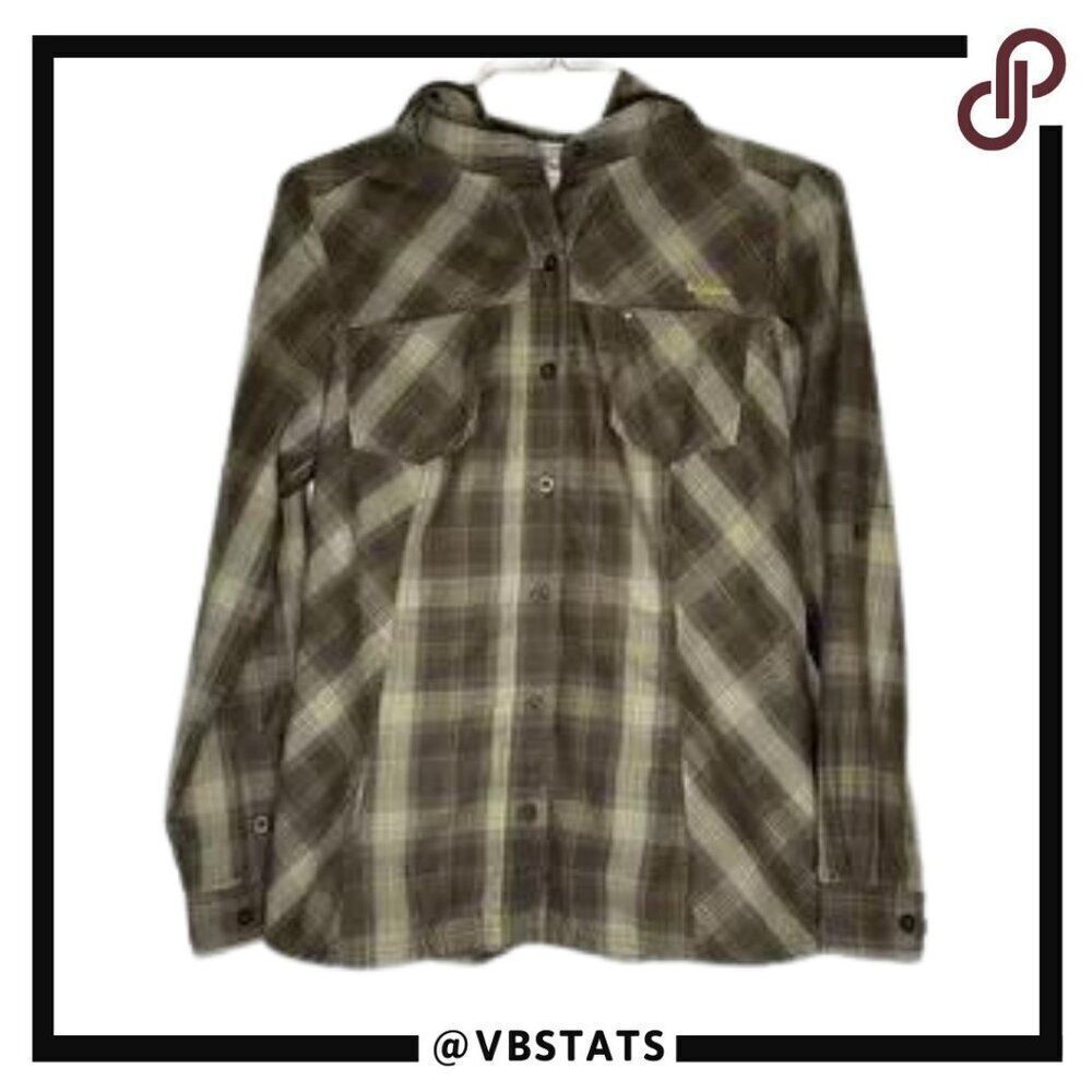 Columbia Women's Medium‎ Brown/Cream/Gold Plaid Long Sleeve Hoodie Shirt